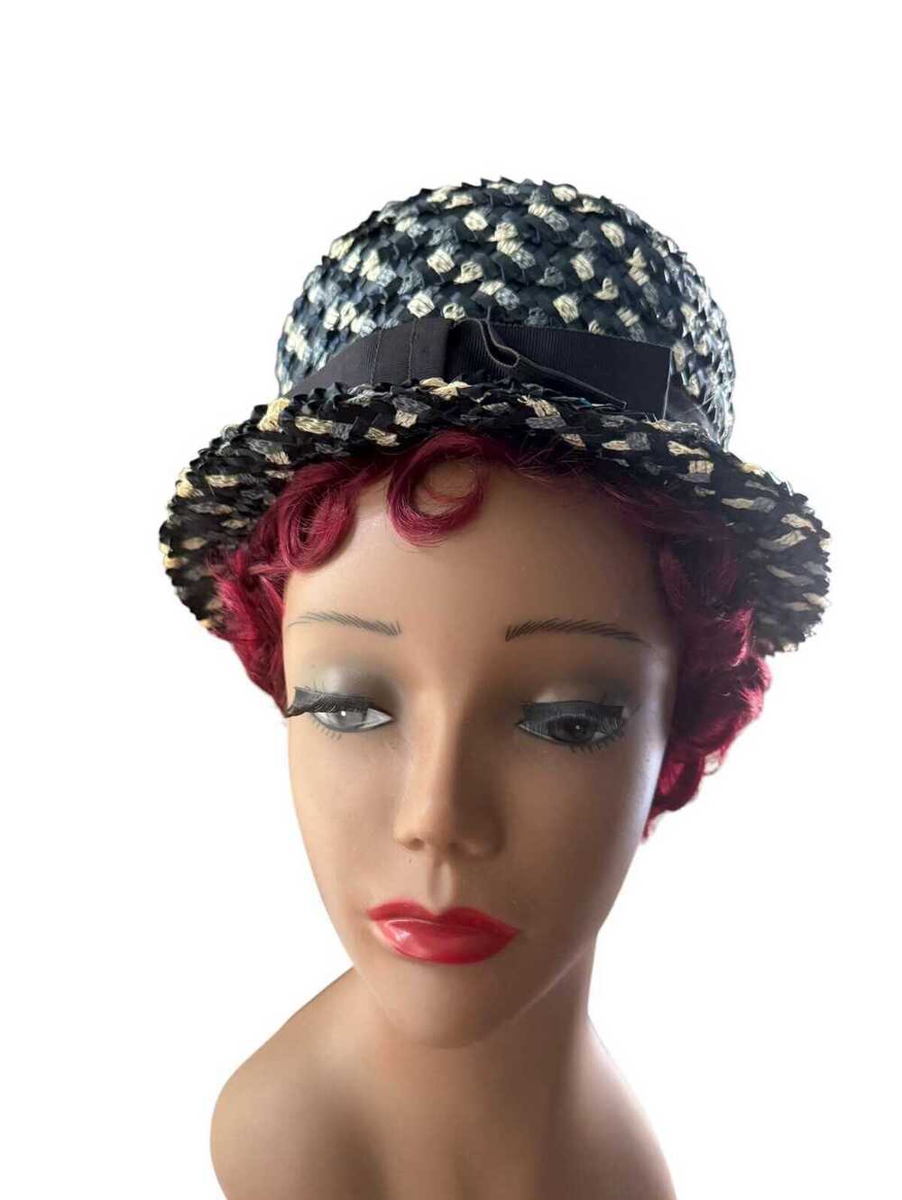 Vintage 1970s Woven Straw Hat, Mod Bucket, Ribbon and Bow, Blue White, Formal - Picture 2 of 7